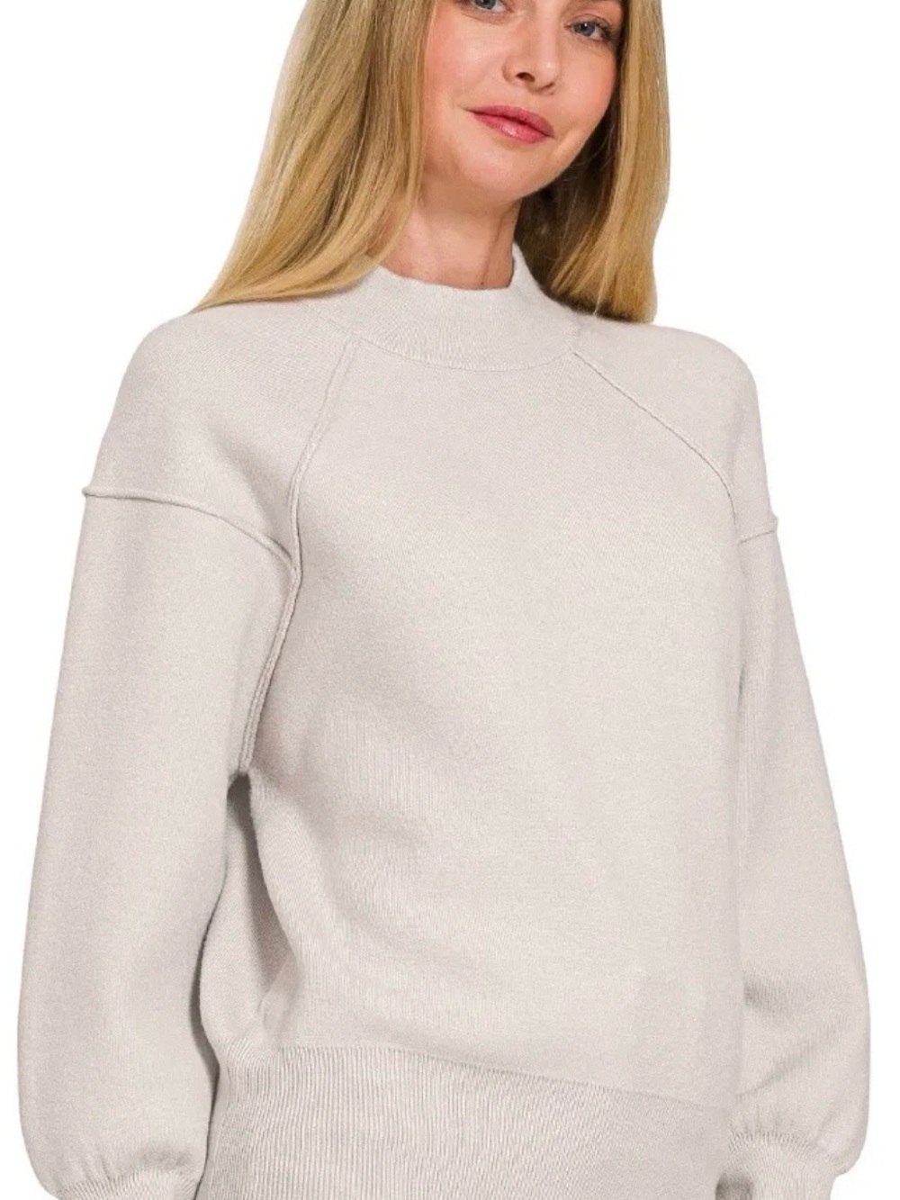 Zenana Outfitters Mock Neck Balloon Sleeve Sweater - Cream - Picture 3 of 4